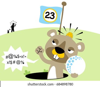 funny angry mole lump holding golf ball in golf hole, vector cartoon illustration