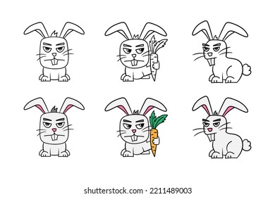 Funny angry rabbit  Set black   white   colored rabbits white background  Page for coloring book