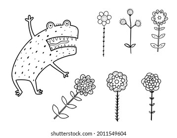 Funny angry and scary Alien monster with teeth and flowers for kids book. Imaginary creature for children coloring book, black and white outline fantasy cartoon for coloring pages.