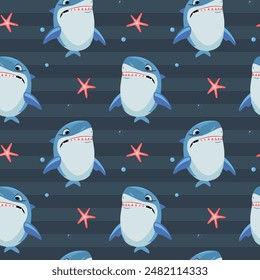 Funny angry shark character. Seamless pattern with cartoon sharks. Shark vector backgrounds. 