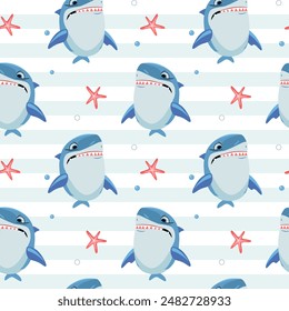 Funny angry shark character. Seamless pattern with cartoon sharks. Shark vector backgrounds. 