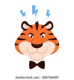 Funny angry tiger portrait isolated on white background. Cartoon cute aggressive wild cat head. Chinese symbol of New Year 2022. Holiday feline muzzle character vector illustration.