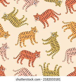 Funny angry tigers hand drawn vector illustration. Cute wild cat animal seamless pattern for kids fabric or wallpaper.