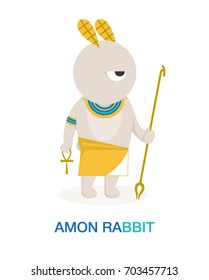 Funny angry vector white rabbit with attributes of the Egyptian god Amon Ra