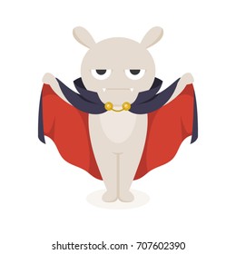 Funny angry vector white rabbit standing like vampire in black mantle with fangs