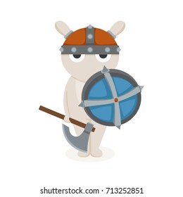 Funny angry vector white rabbit dressed like viking with helmet, shield and axe