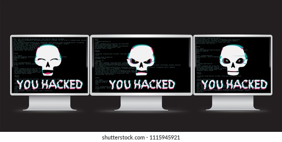 Funny and angry white hacker skull with you hacked text on monitor device with black screen and source code on background. Computer crime hacked attack illustration