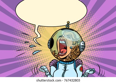 Funny angry woman astronaut. Comic book cartoon pop art retro vector illustration drawing