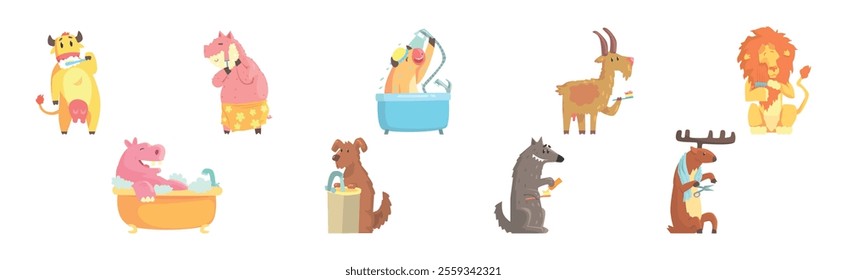 Funny Animal Bathing and Washing in Bathroom Vector Set