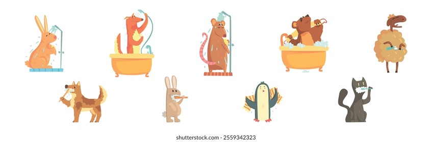 Funny Animal Bathing and Washing in Bathroom Vector Set