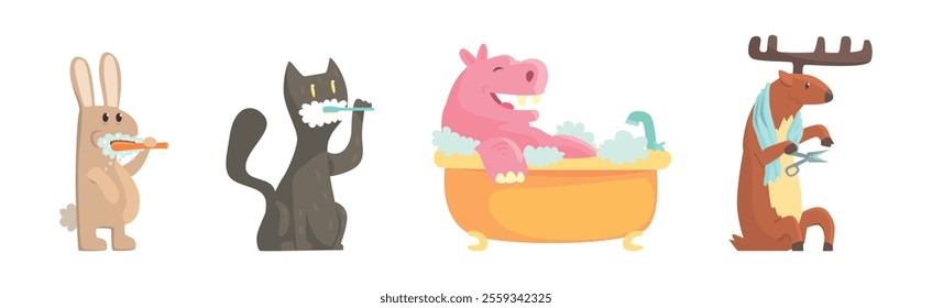 Funny Animal Bathing and Washing in Bathroom Vector Set