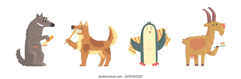 Funny Animal Bathing and Washing in Bathroom Vector Set