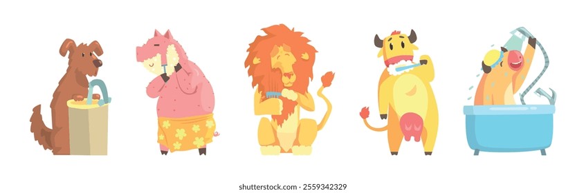 Funny Animal Bathing and Washing in Bathroom Vector Set