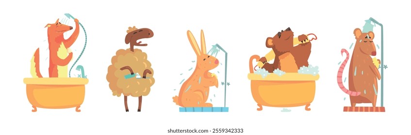 Funny Animal Bathing and Washing in Bathroom Vector Set