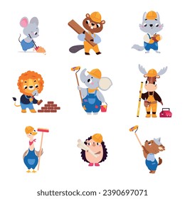 Funny Animal Builder Characters Working in Helmet Vector Set