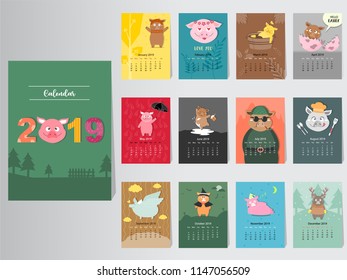 Funny animal calendar 2019 design,The year of the pig monthly cards templates,Set of 12 month,Monthly kids,Vector illustrations