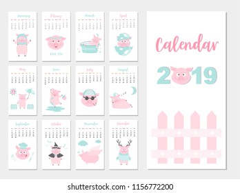 Funny animal calendar 2019 design,The year of the pig monthly cards templates,Set of 12 month,Monthly kids,Vector illustrations. 