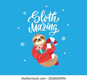 The funny animal with candy cane is good for Happy New Year. The text and sloth is good for Christmas cards. The lettering quote - Amazing Christmas. Vector illustration