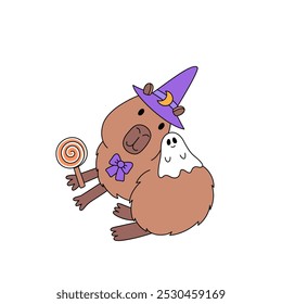 Divertido animal capibara en sombrero de bruja con lindo fantasma y bastón de caramelo. Сlipart sobre el tema de los cuentos de hadas y la magia. Elemento de diseño para las vacaciones de octubre de Halloween. Ilustración vectorial