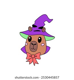 Divertido animal capibara en sombrero de mago con cara sonriente. Caricatura. Сlipart sobre el tema de los cuentos de hadas y la magia. Elemento de diseño para las vacaciones de octubre de Halloween. Ilustración vectorial