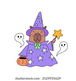 Engraçado feiticeiro capivara animal e pequenos fantasmas fofos. Personagem de Halloween. Elemento de design para feriado de outubro