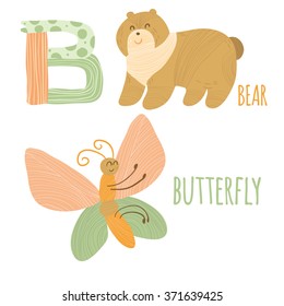Funny animal card with letter B for children