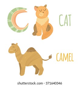 Funny animal card with letter C for children