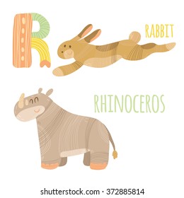 Funny animal card with letter R for children