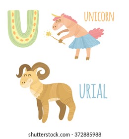Funny animal card with letter U for children