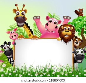 funny animal cartoon with blank sign and tropical forest background