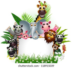 funny animal cartoon with blank sign and tropical forest background