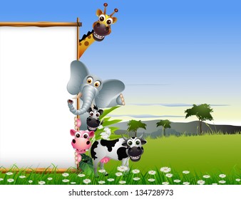 funny animal cartoon with blank sign and tropical forest background