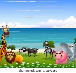 funny animal cartoon collection with beach background
