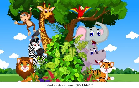 funny animal cartoon with forest background