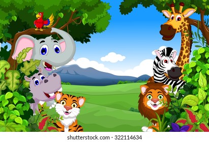 funny animal cartoon with forest background