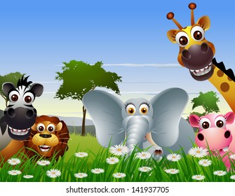 funny animal cartoon with nature background