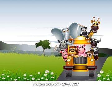funny animal cartoon on yellow car and tropical forest background