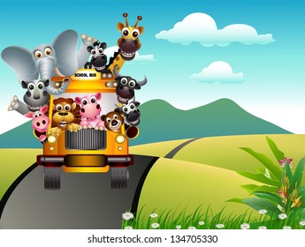 funny animal cartoon on yellow car and tropical forest background