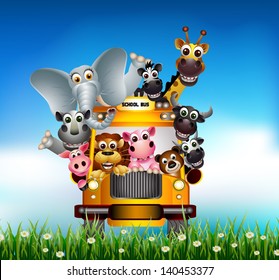 Funny Animal Cartoon On Yellow Car