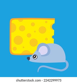 Funny animal in a cartoon style. Vector illustration of a cute a mouse near a piece of cheese