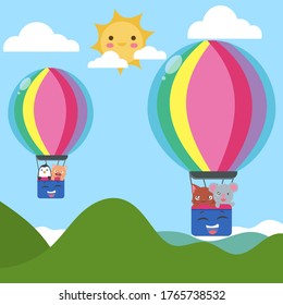 Funny animal cartoon vector in hot air balloon