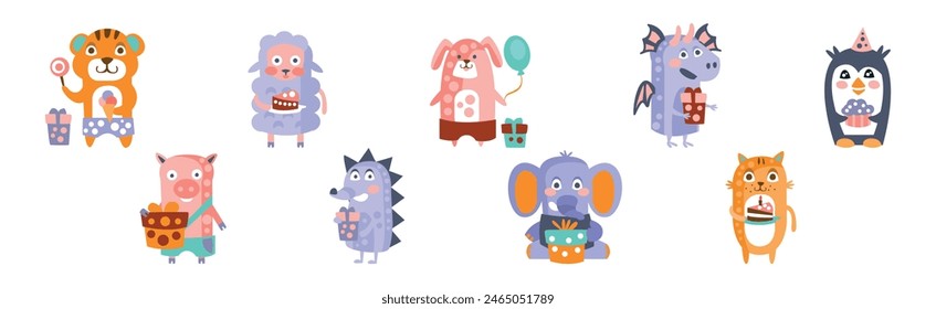 Funny Animal Celebrate Happy Birthday Holiday Vector Set