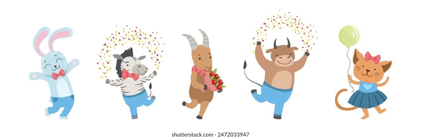 Funny Animal Celebrate Happy Birthday Holiday Vector Set