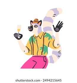 Funny animal celebrating holiday with champagne. Happy lemur holding wineglass at party. Cheerful cheeky comic character drinking alcohol. Flat vector illustration isolated on white background