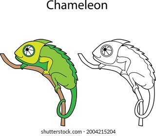 Funny animal chameleon isolated on white background. Cute reptile. Linear, contour, black and white and colored version. Illustration can be used for coloring book and pictures for children