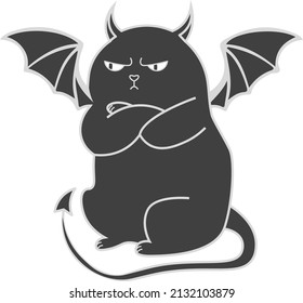 Funny animal character angry cat with devil wings drawing in flat style