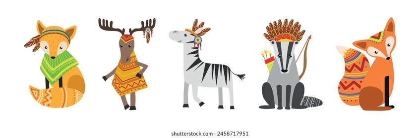 Funny Animal Character with Ethnic Ornament Vector Set