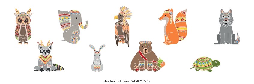 Funny Animal Character with Ethnic Ornament Vector Set