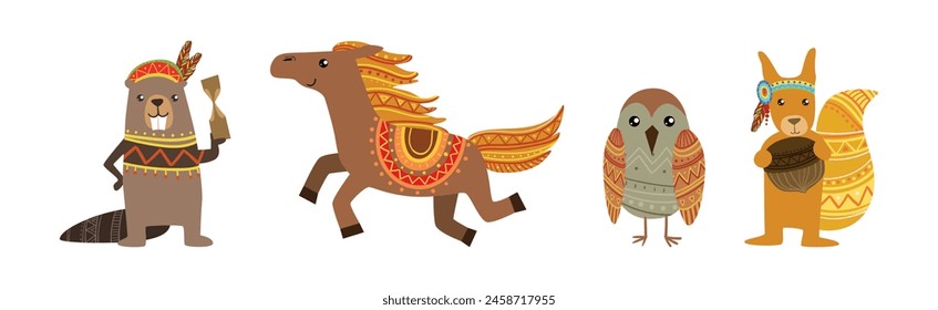 Funny Animal Character with Ethnic Ornament Vector Set