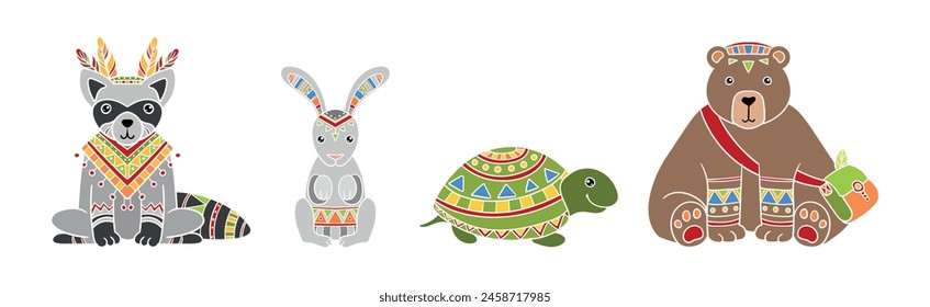 Funny Animal Character with Ethnic Ornament Vector Set
